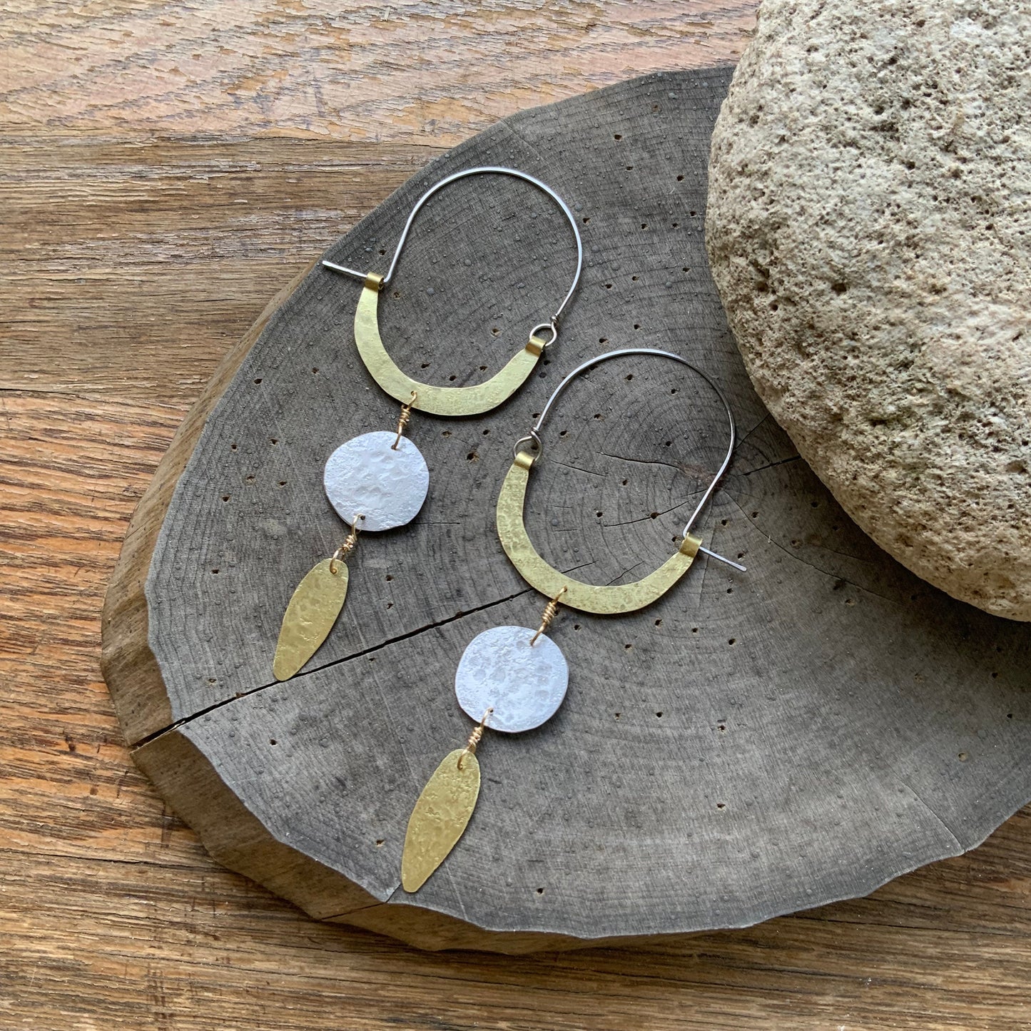 Rustic Two-Tone Geometric Hoop Earrings: Mixed Metal Dangles