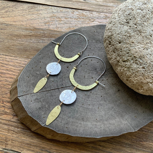 Rustic Two-Tone Geometric Hoop Earrings: Mixed Metal Dangles