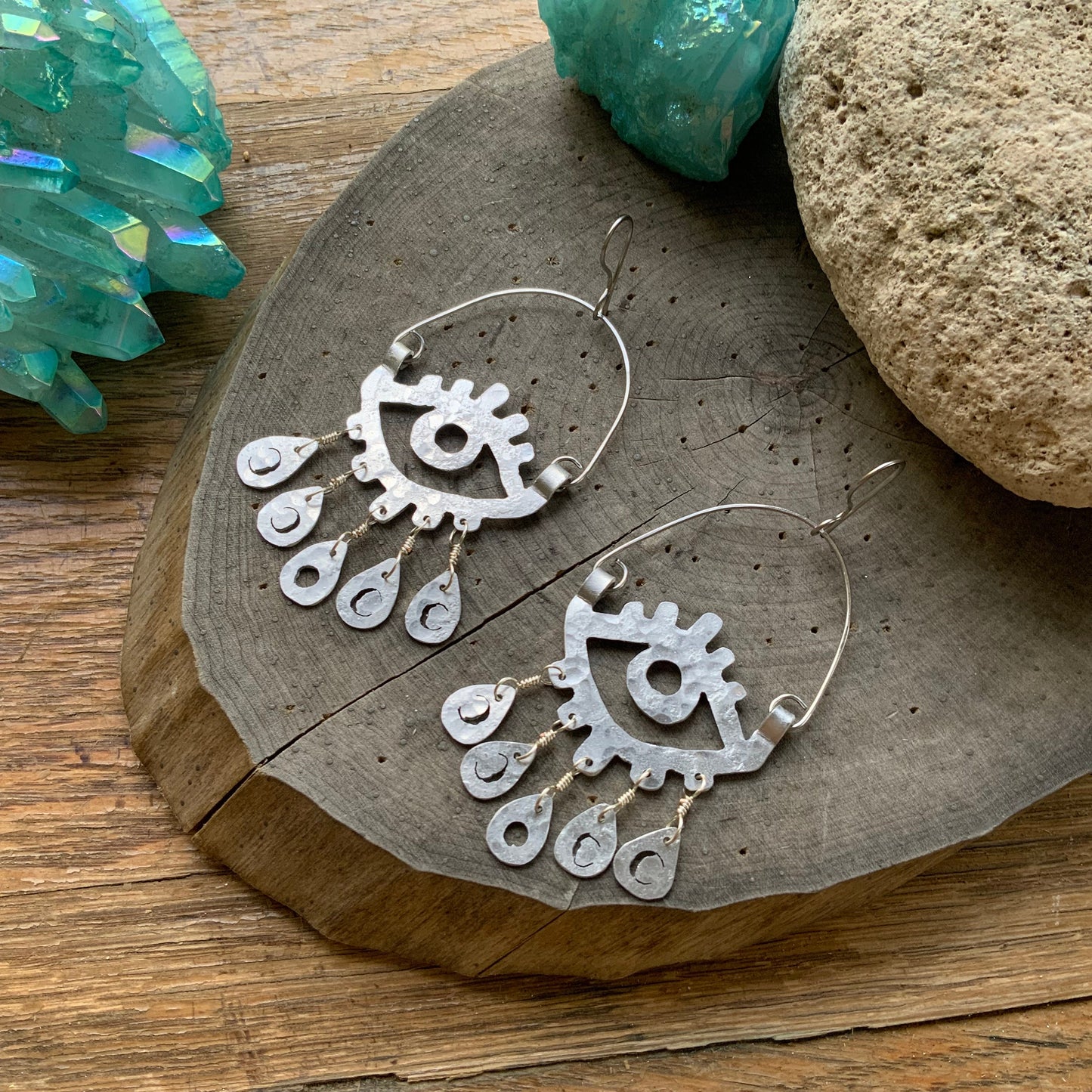 Handmade Moon Phase Eye Hoop Earrings: Aluminum, Copper, or Brass