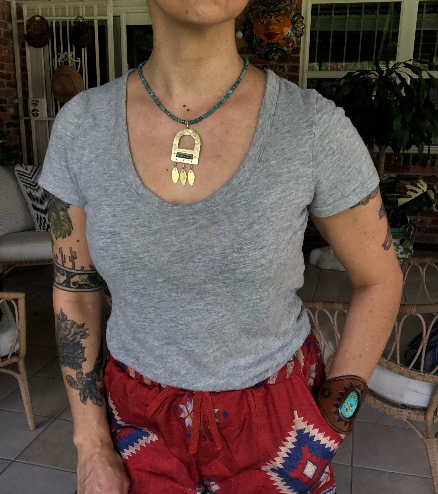 Brass Fringe & Turquoise Beaded Necklace - Geometric Handmade Jewelry