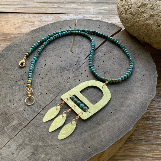 Brass Fringe & Turquoise Beaded Necklace - Geometric Handmade Jewelry