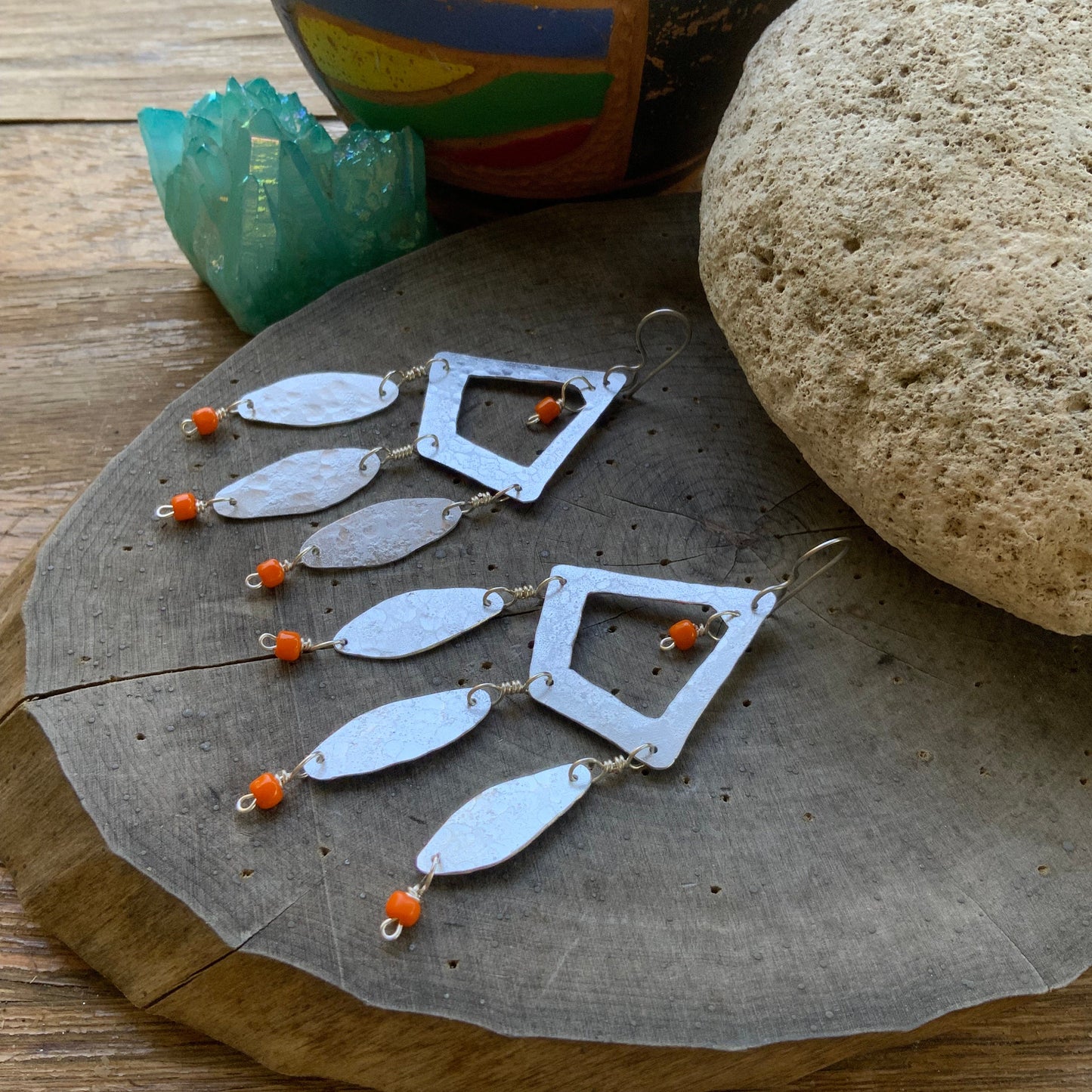 Tribal copper metal earrings, beaded bohemian earrings