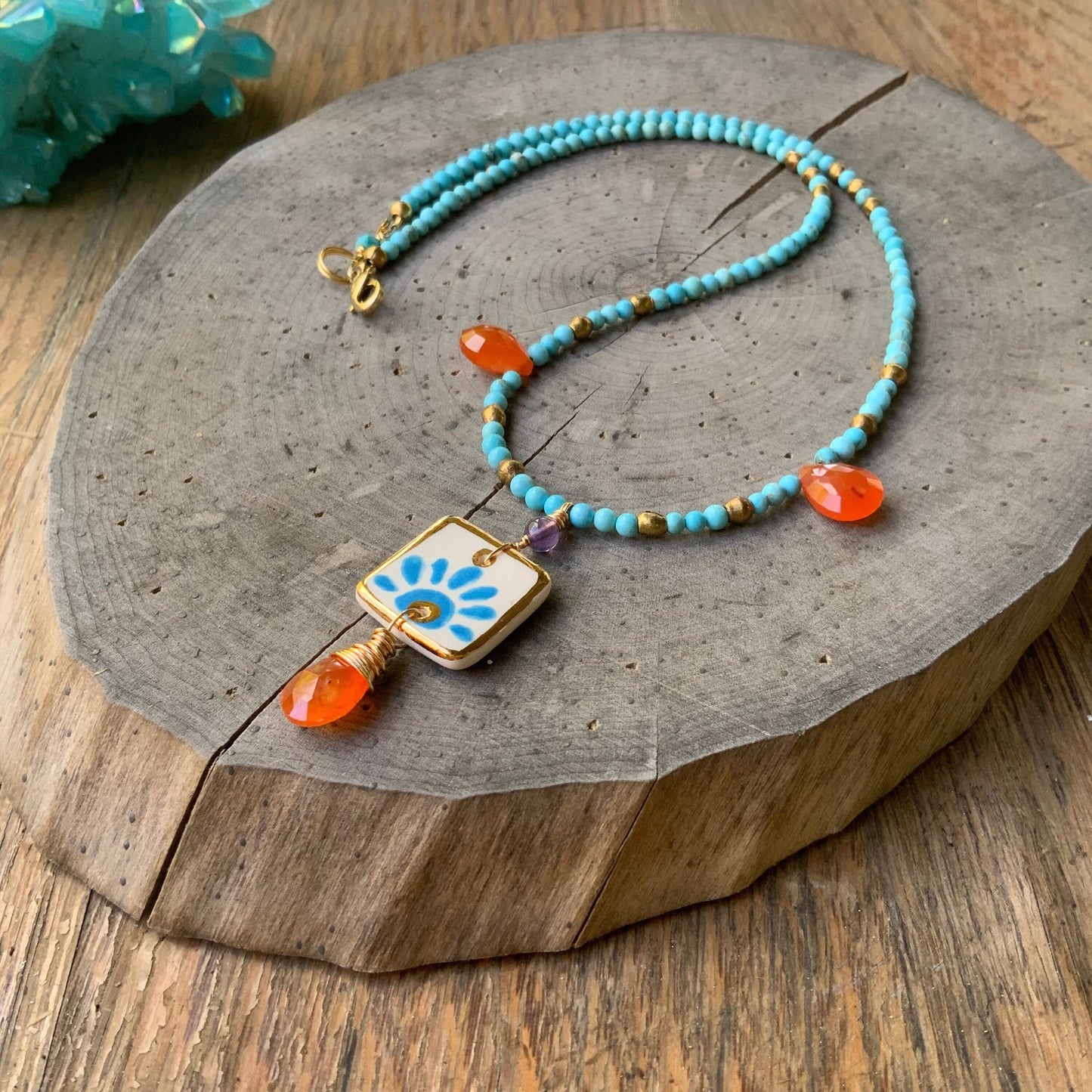 Handmade Ceramic Tile Pendant Necklace: Carnelian & Magnesite Beaded Jewelry