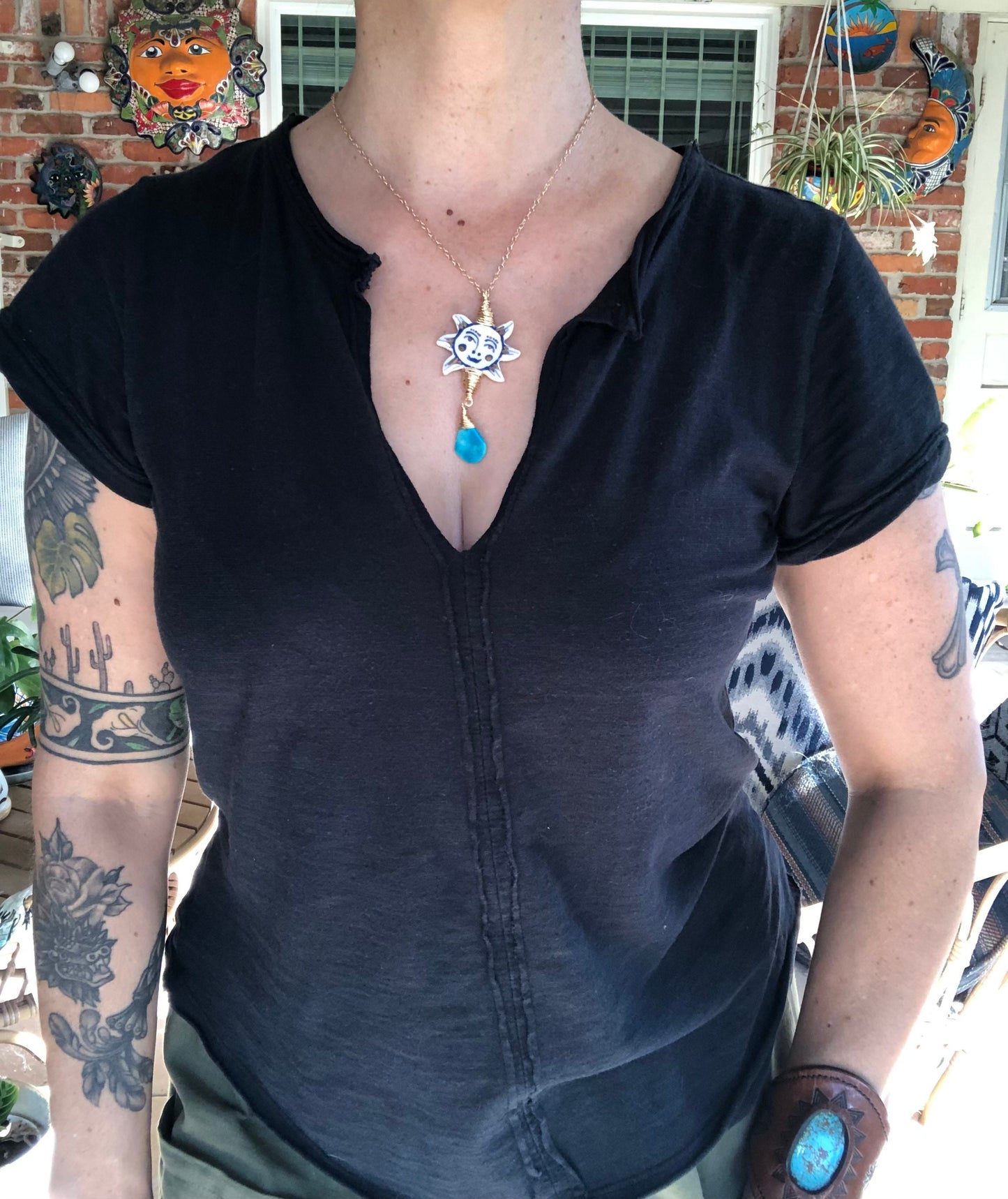 Ceramic Folk Sun and genuine turquoise Charm Necklace