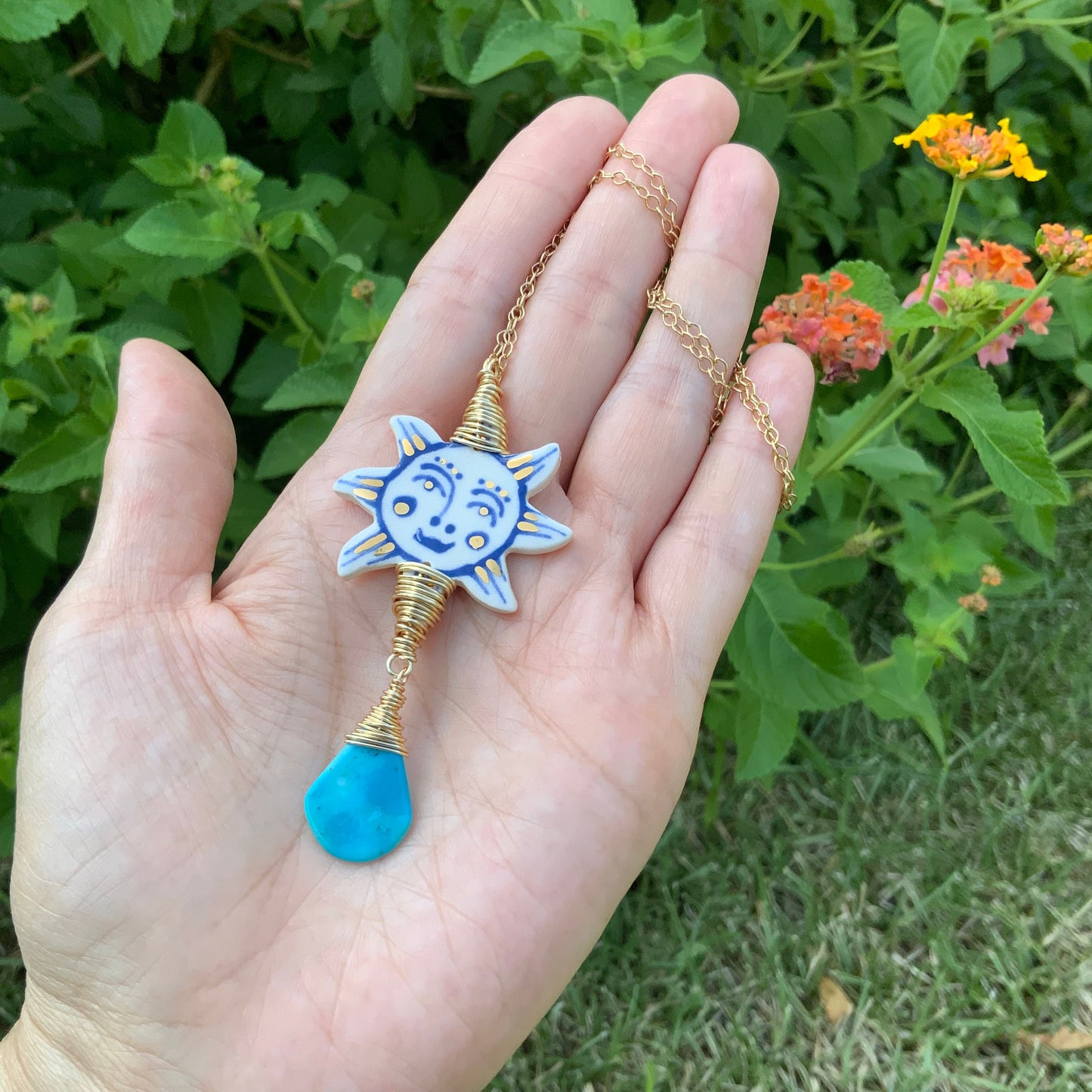 Ceramic Folk Sun and genuine turquoise Charm Necklace