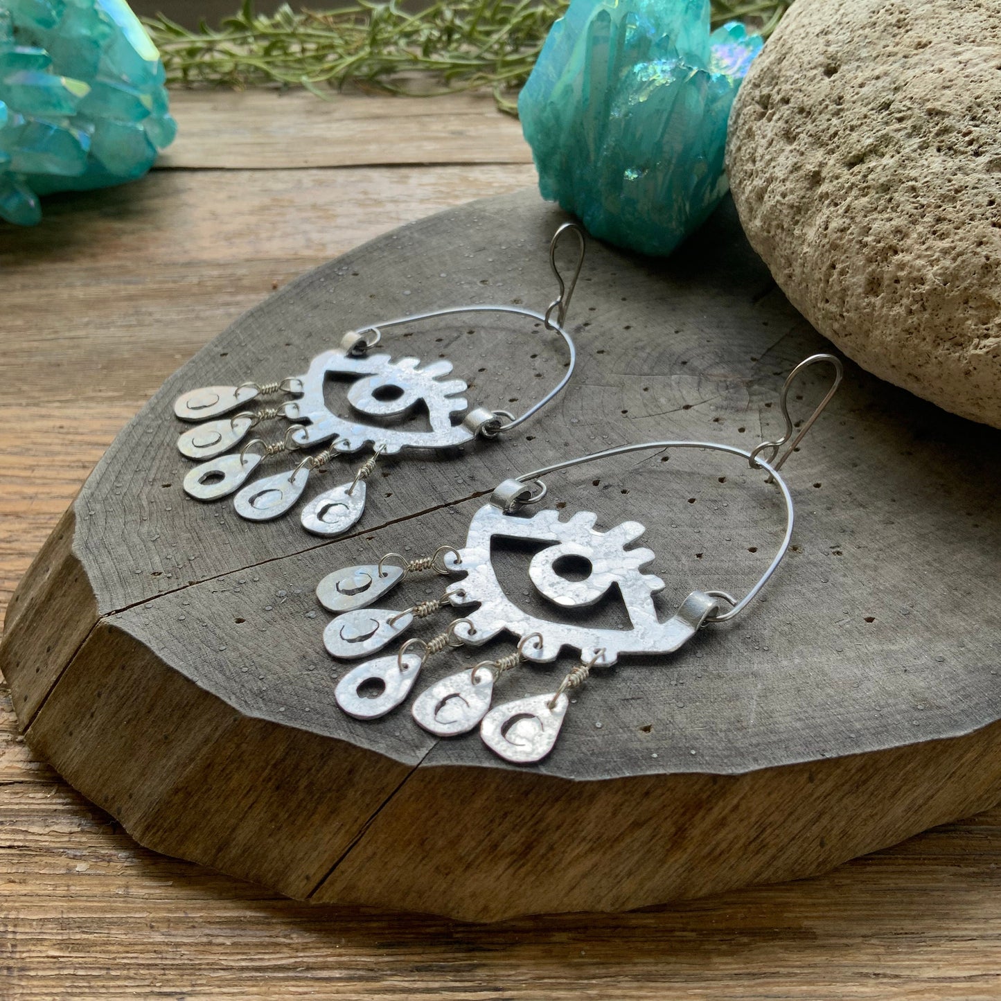 Handmade Moon Phase Eye Hoop Earrings: Aluminum, Copper, or Brass