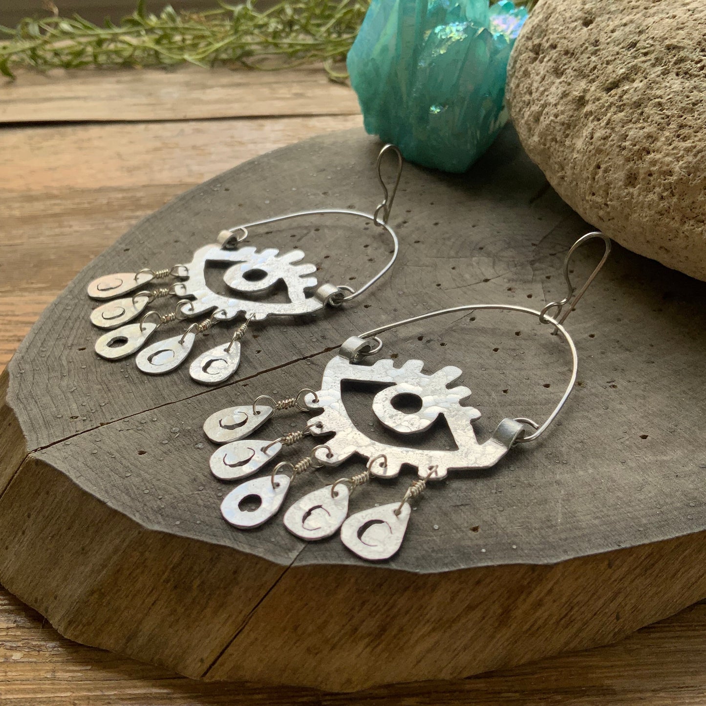 Handmade Moon Phase Eye Hoop Earrings: Aluminum, Copper, or Brass