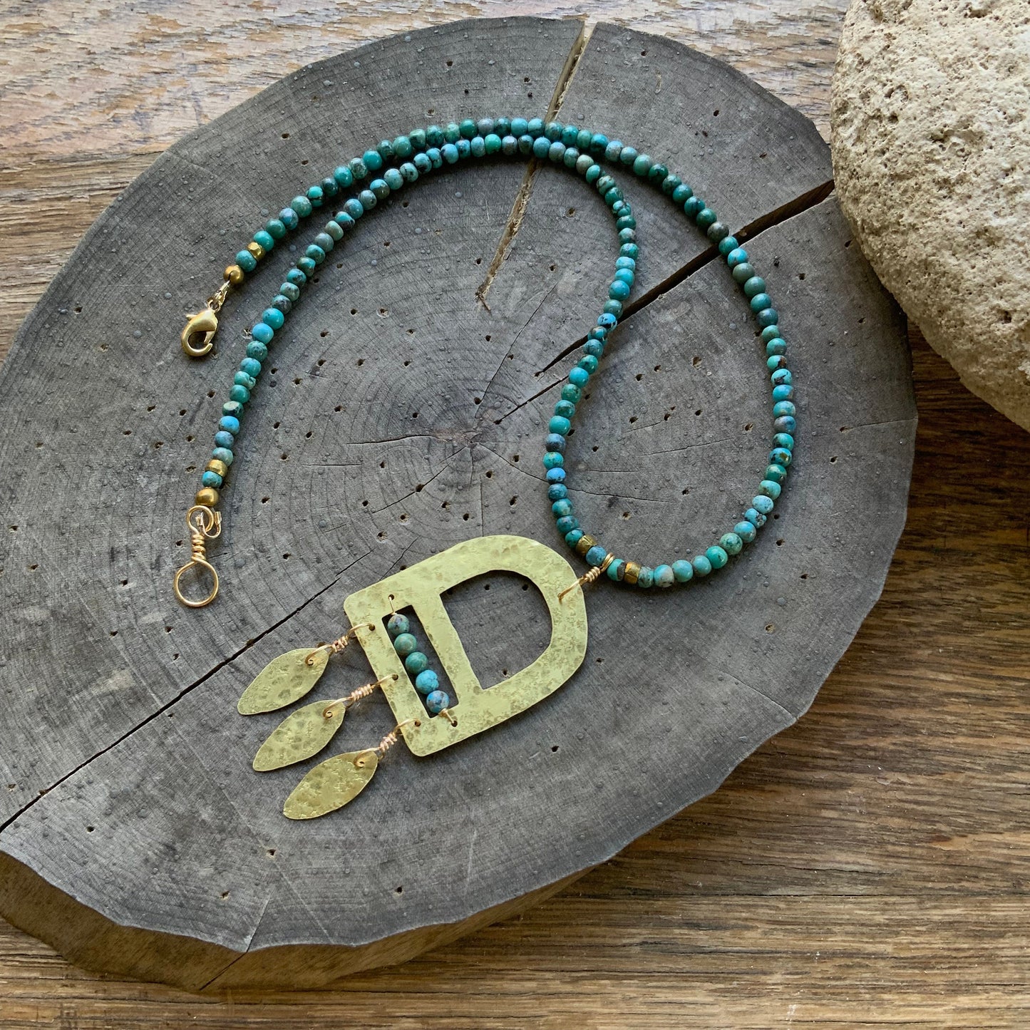 Brass Fringe & Turquoise Beaded Necklace - Geometric Handmade Jewelry