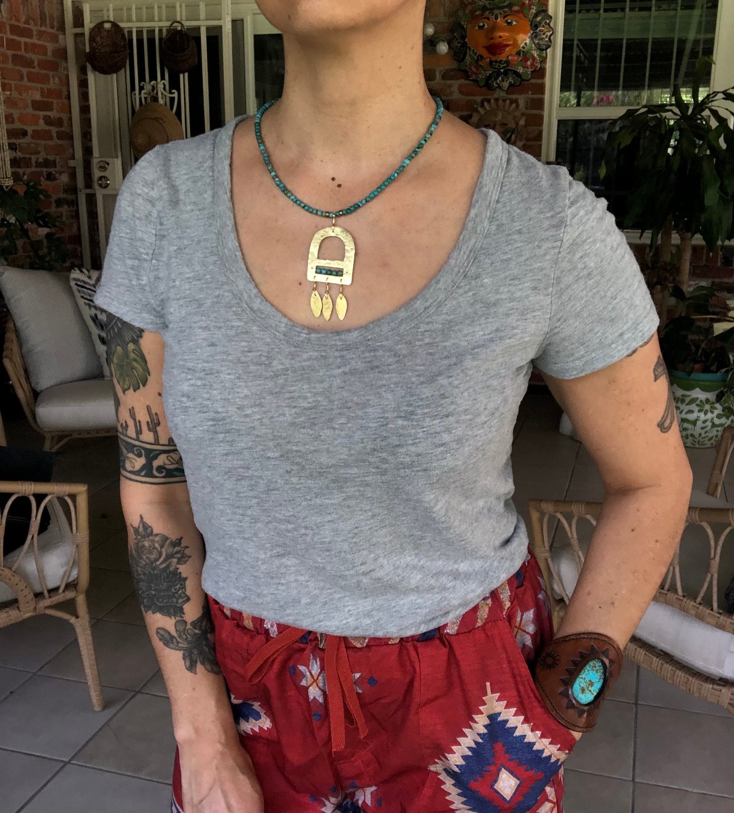 Brass Fringe & Turquoise Beaded Necklace - Geometric Handmade Jewelry