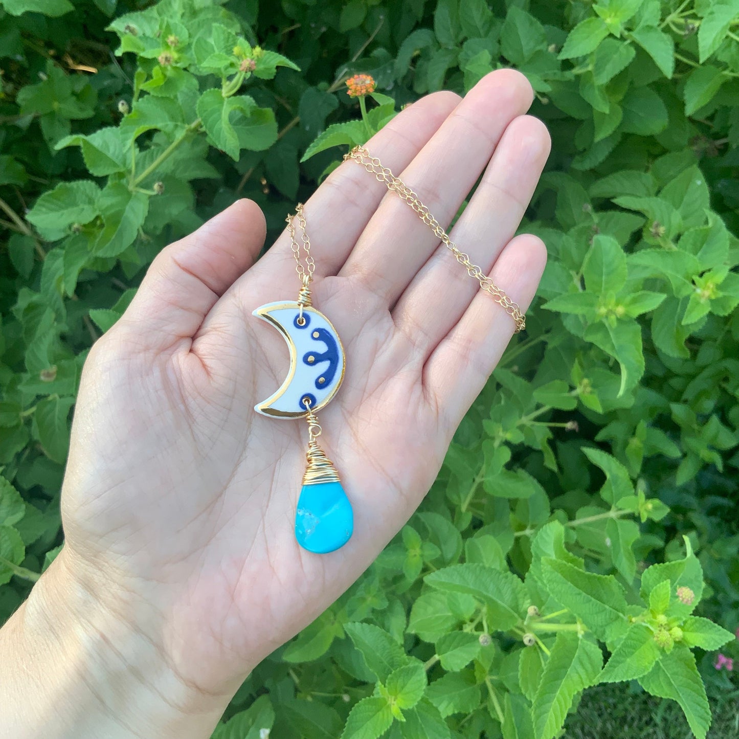 Ceramic Moon and genuine turquoise Charm Necklace