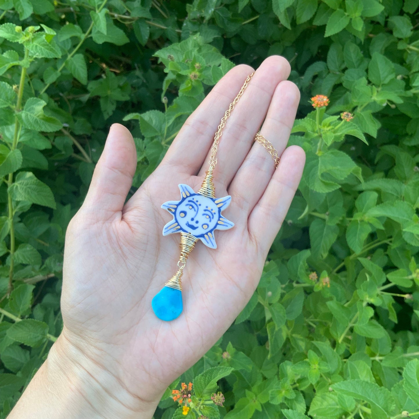 Ceramic Folk Sun and genuine turquoise Charm Necklace
