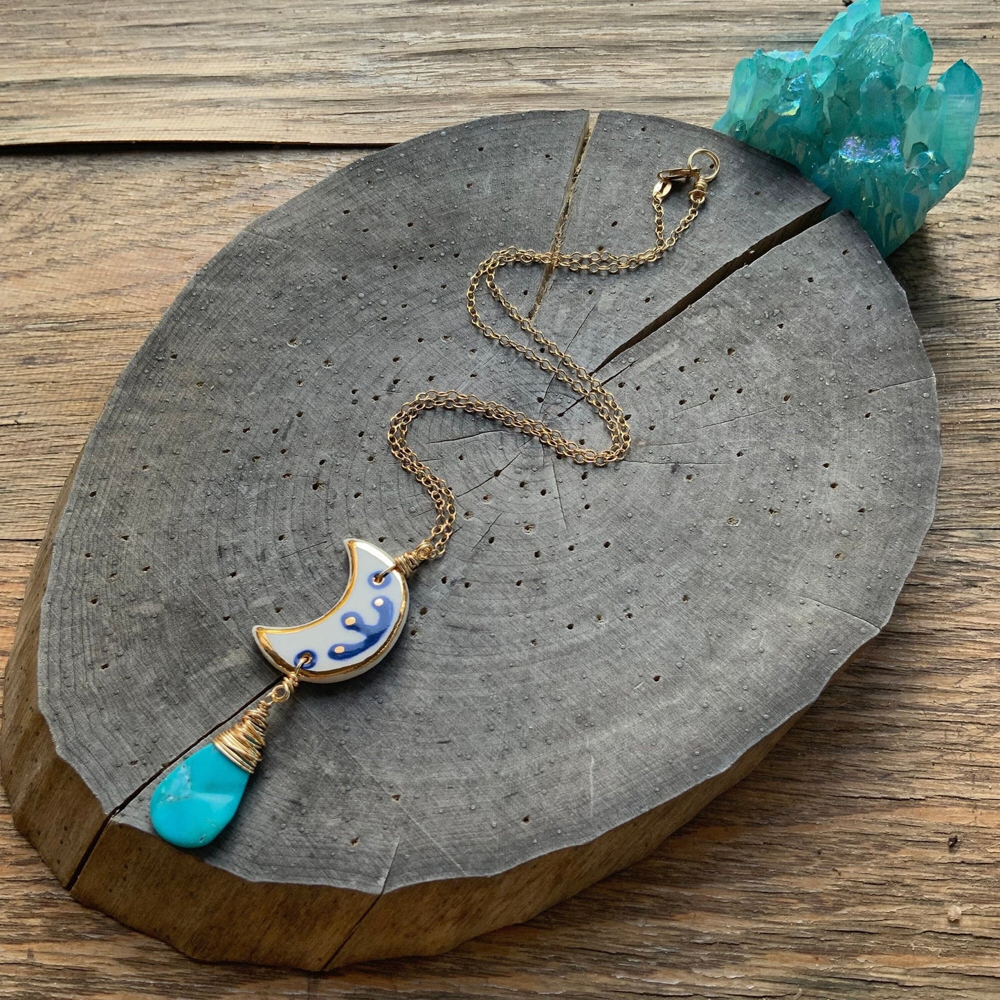 Ceramic Moon and genuine turquoise Charm Necklace