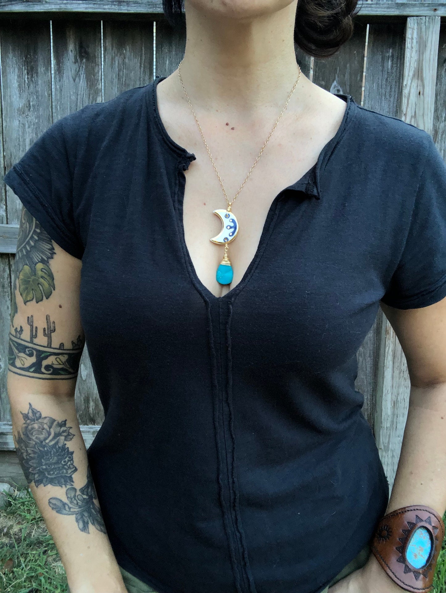 Ceramic Moon and genuine turquoise Charm Necklace