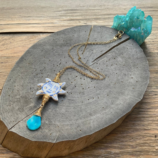 Ceramic Folk Sun and genuine turquoise Charm Necklace