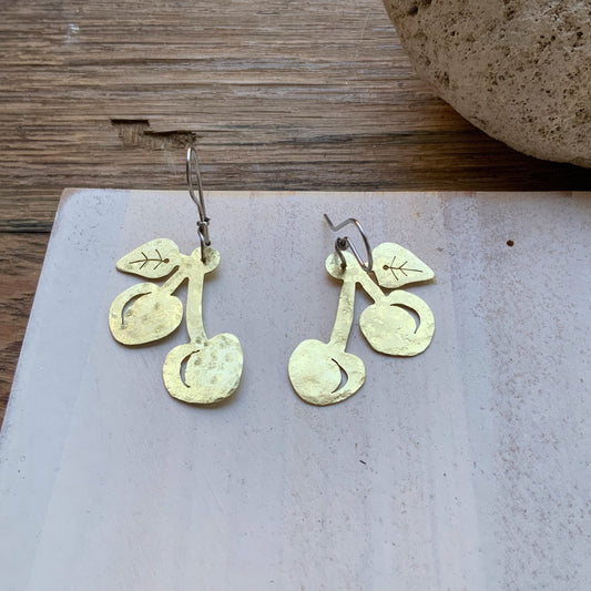 Handmade Metal Cherry Dangle Earrings: Fruit Jewelry