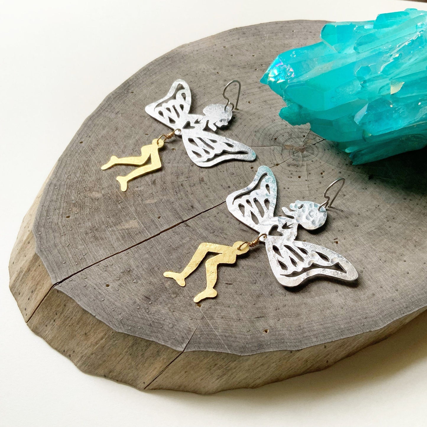 Handmade Surreal Butterfly Leg Earrings: Mixed Metal Skull Jewelry