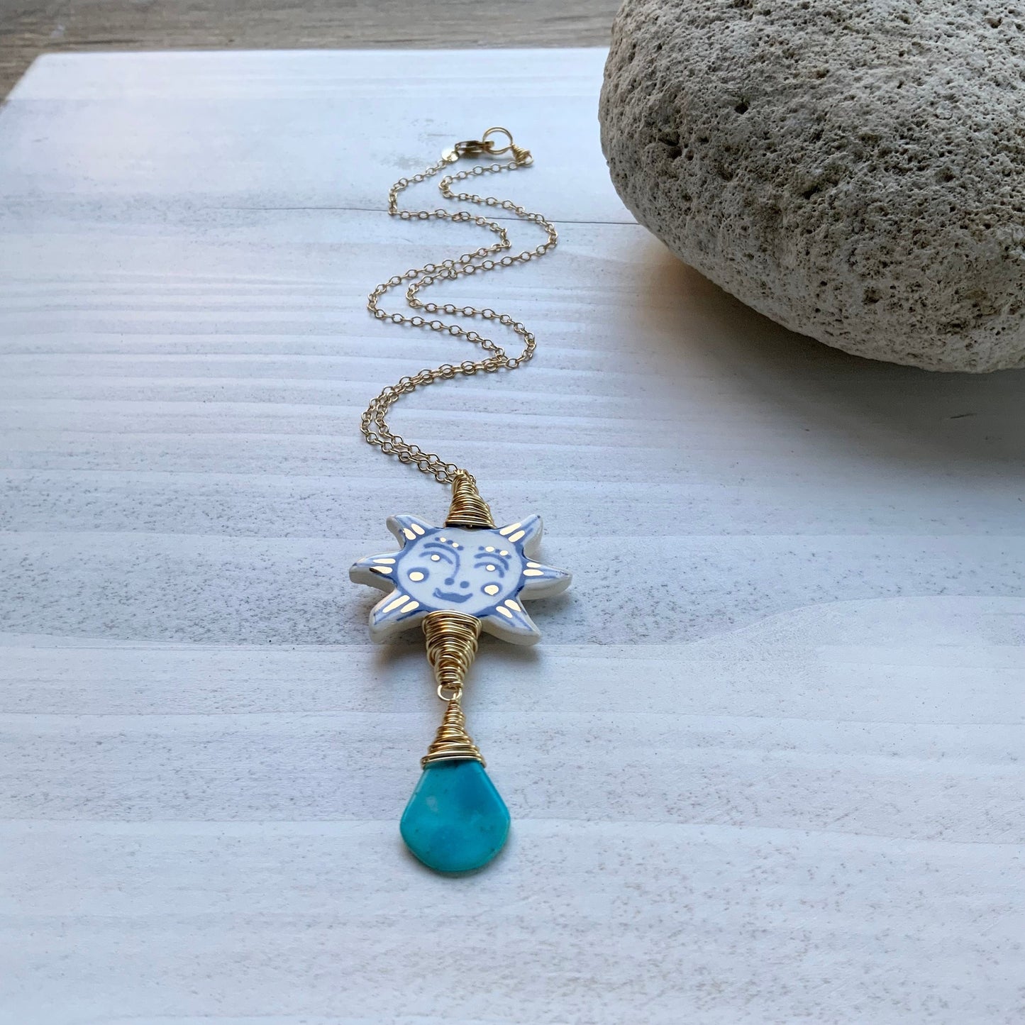 Ceramic Folk Sun and genuine turquoise Charm Necklace