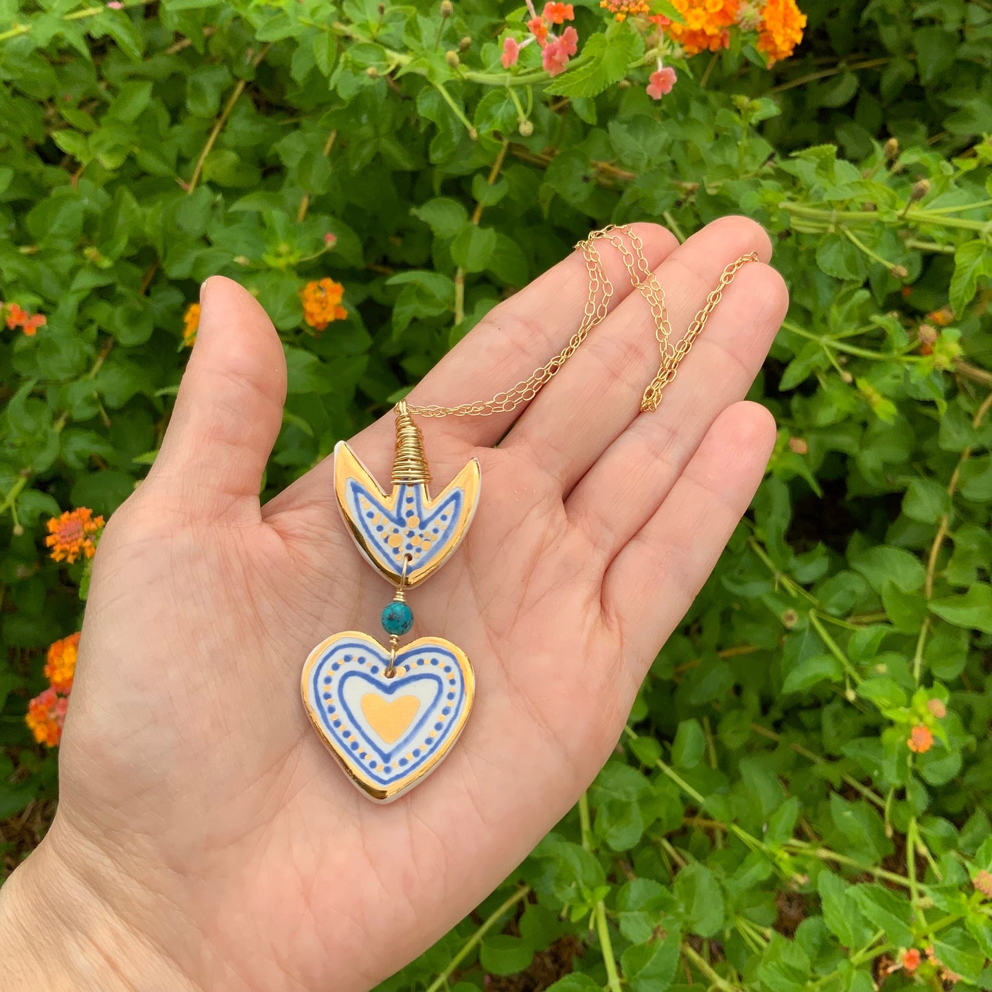 Ceramic Milagro Heart Pendant Necklace: Turquoise Charm, Gold Filled Chain