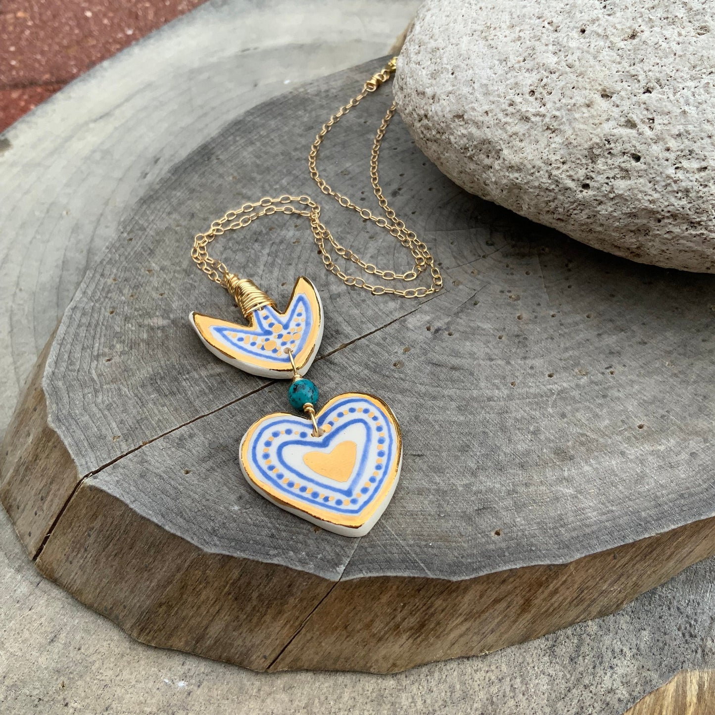 Ceramic Milagro Heart Pendant Necklace: Turquoise Charm, Gold Filled Chain
