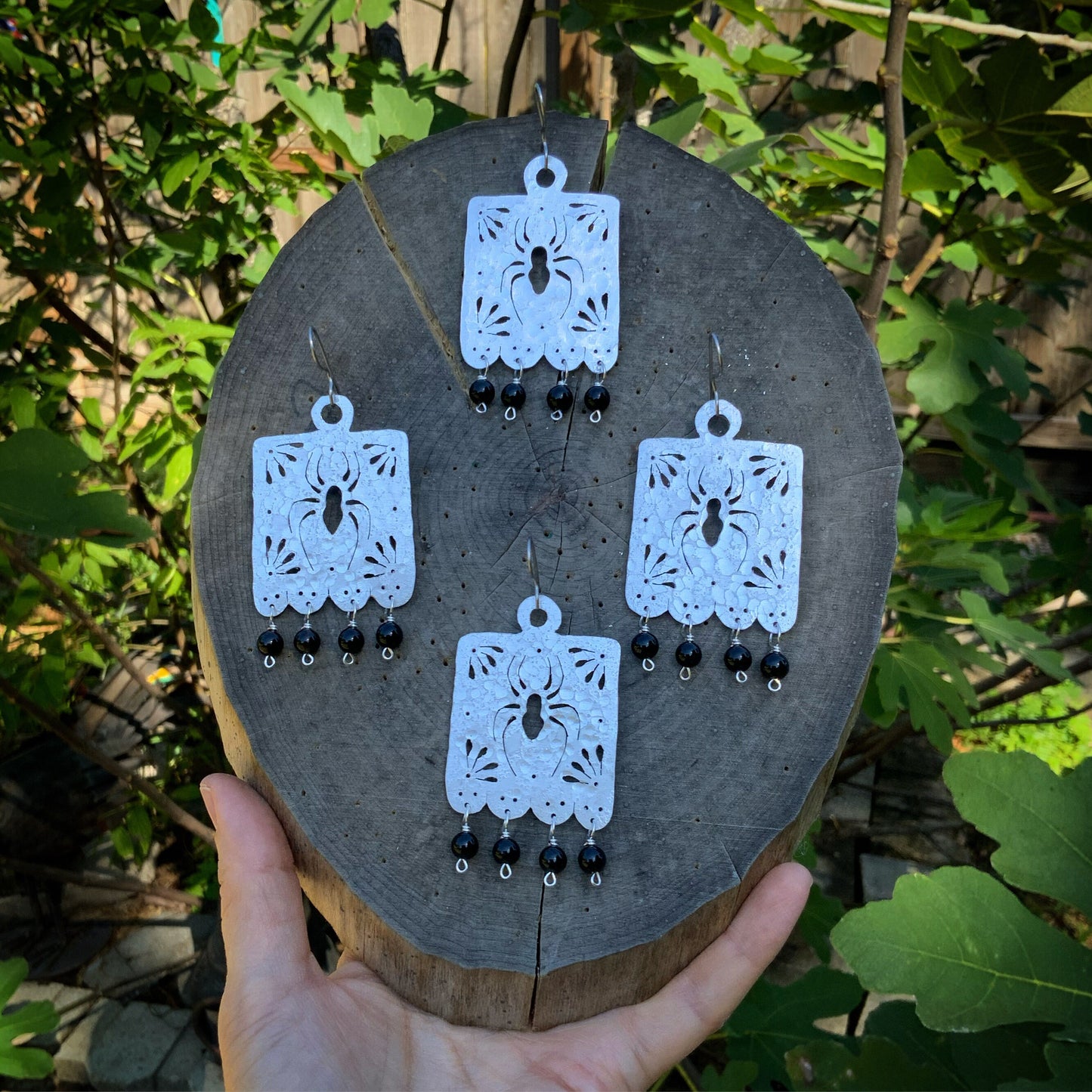 Handmade Metal Papel Picado Spider Earrings with Onyx Beads
