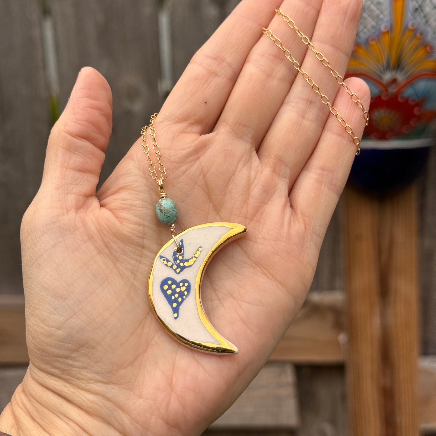 Ceramic Sacred crescent moon and genuine turquoise Charm Necklace