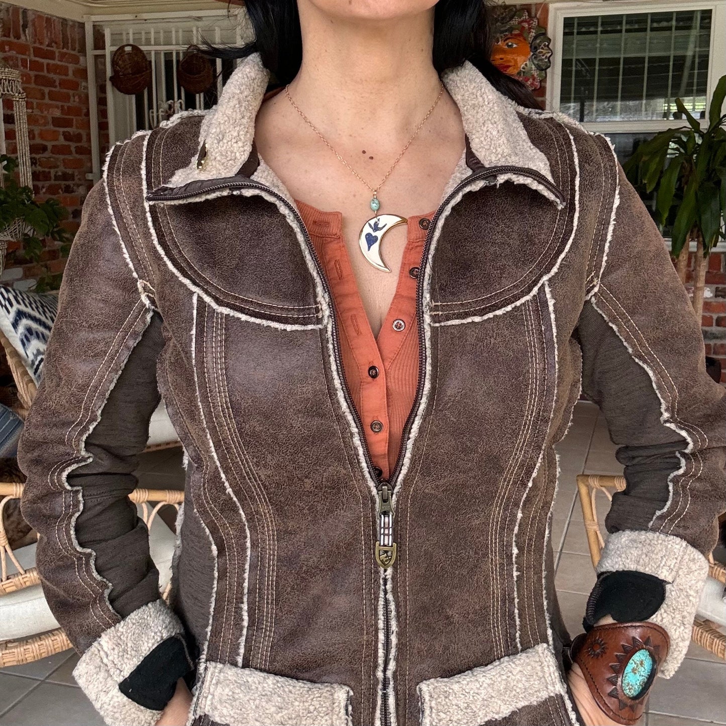 Ceramic Sacred crescent moon and genuine turquoise Charm Necklace