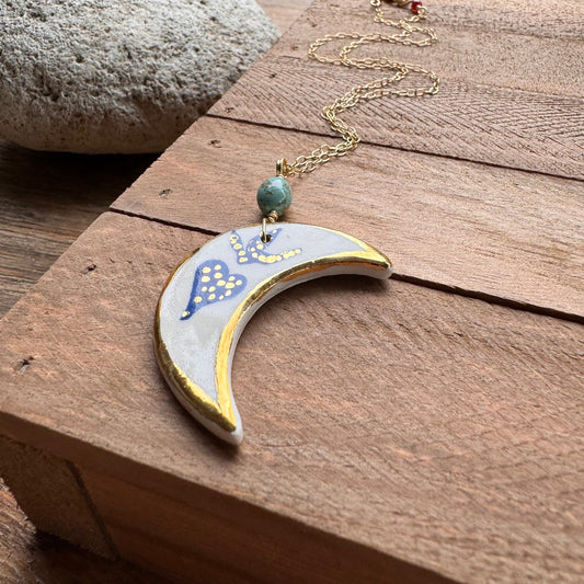 Ceramic Sacred crescent moon and genuine turquoise Charm Necklace