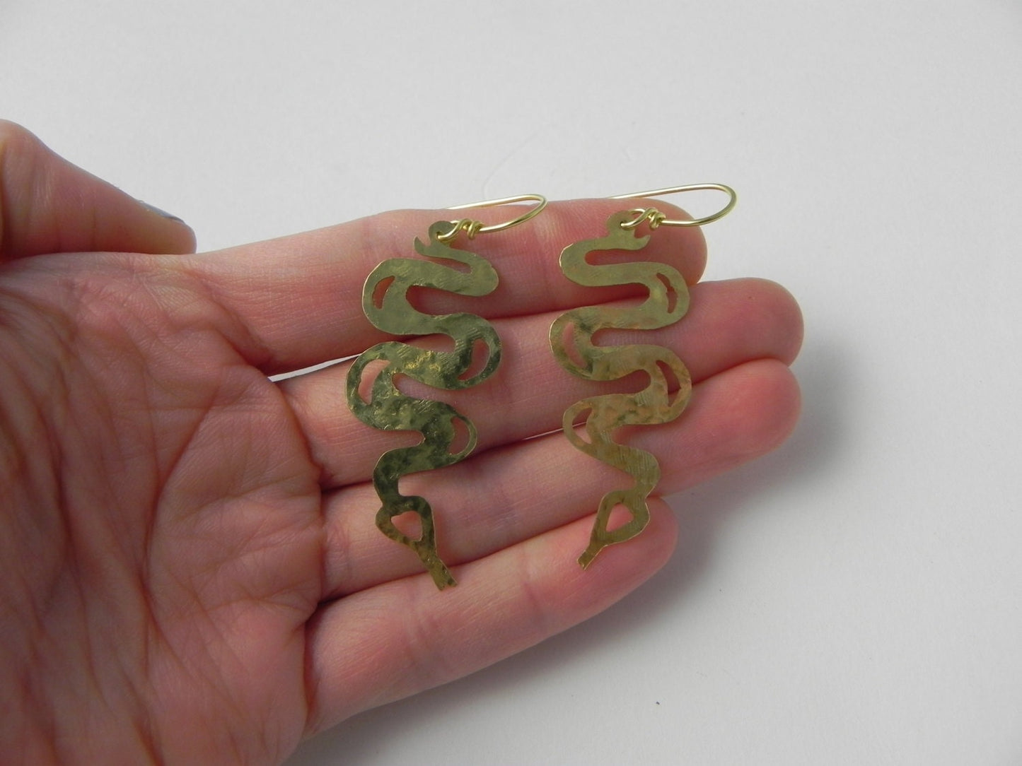 Handmade Hammered Brass Snake Dangle Earrings