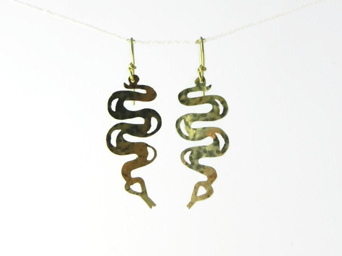 Handmade Hammered Brass Snake Dangle Earrings