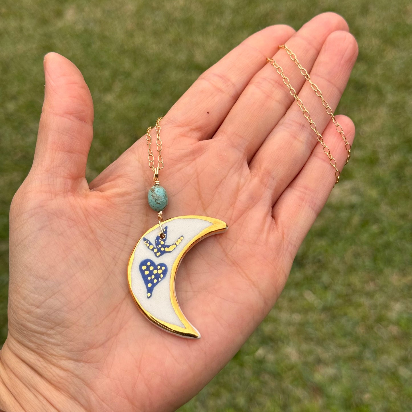 Ceramic Sacred crescent moon and genuine turquoise Charm Necklace