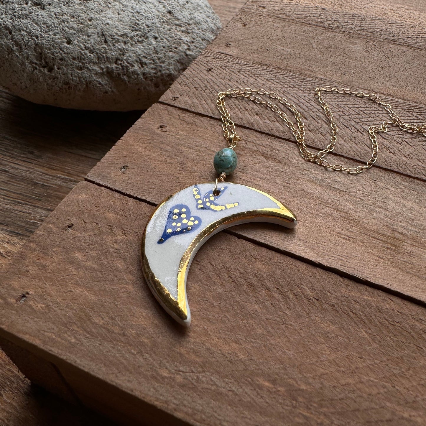Ceramic Sacred crescent moon and genuine turquoise Charm Necklace