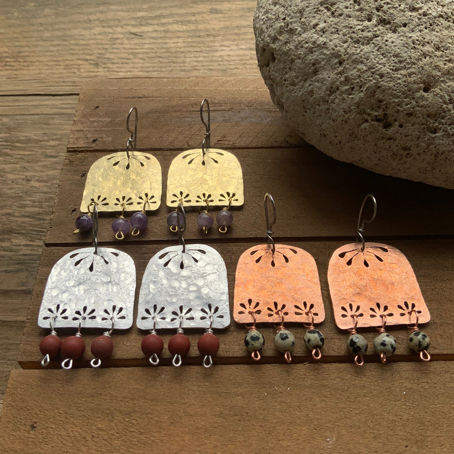 Floral Brass Chandelier Earrings: Hammered Gemstone Dangles