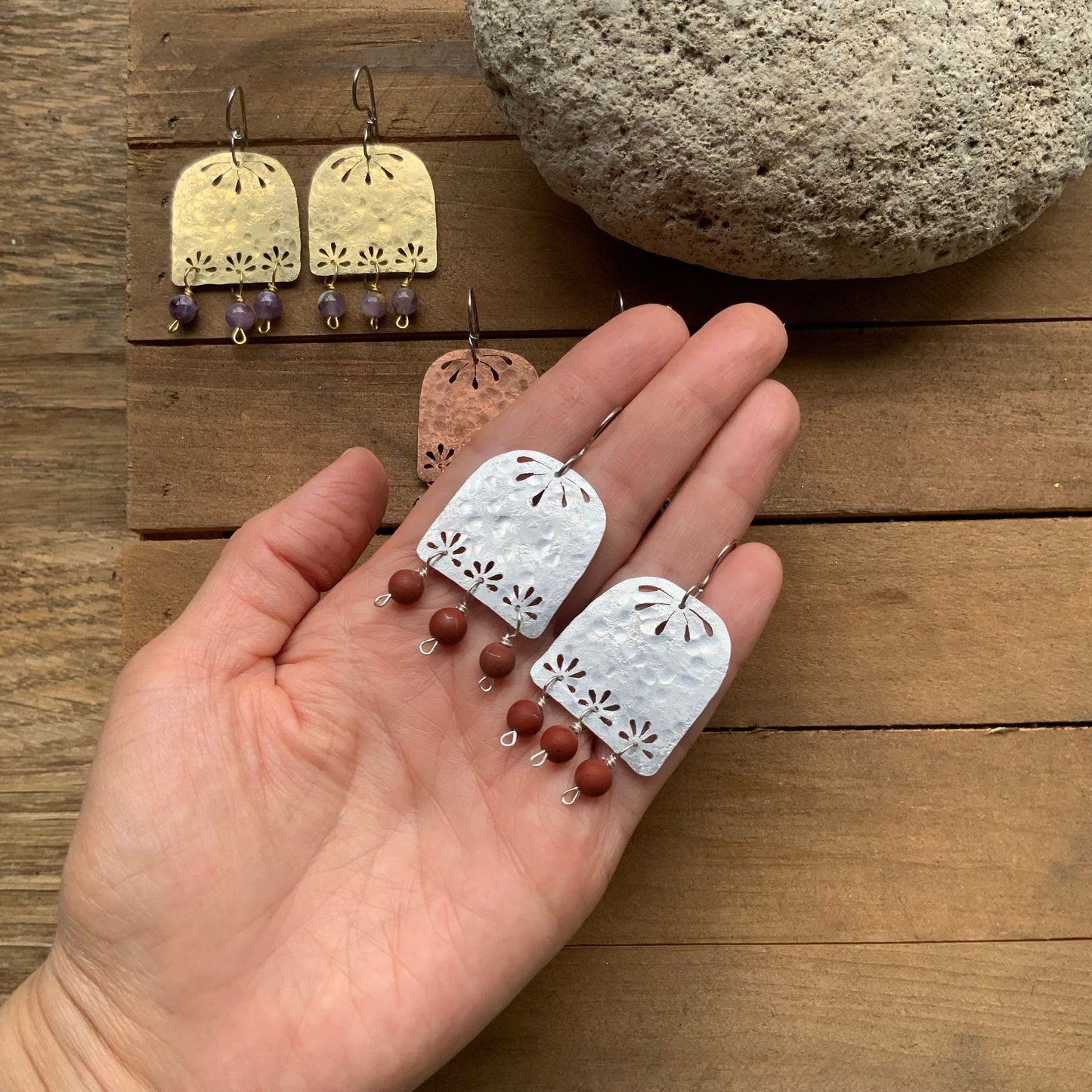 Floral Brass Chandelier Earrings: Hammered Gemstone Dangles