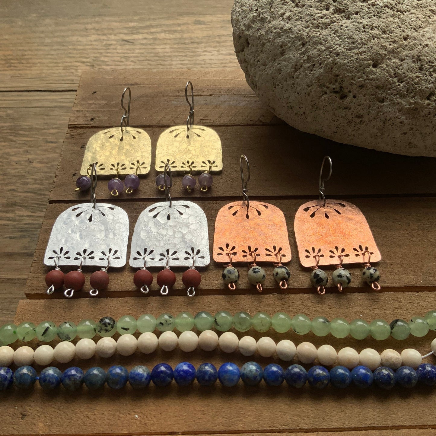 Floral Brass Chandelier Earrings: Hammered Gemstone Dangles