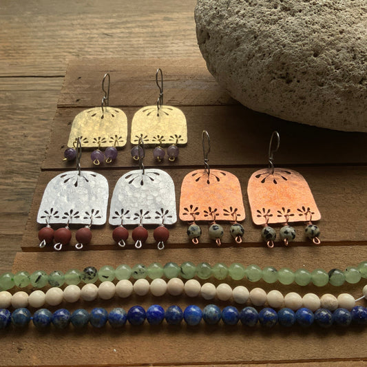 Floral Brass Chandelier Earrings: Hammered Gemstone Dangles
