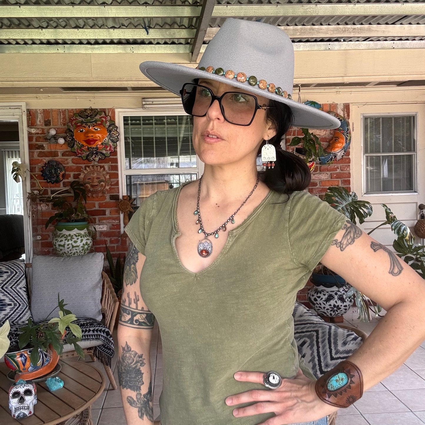 Floral Brass Chandelier Earrings: Hammered Gemstone Dangles