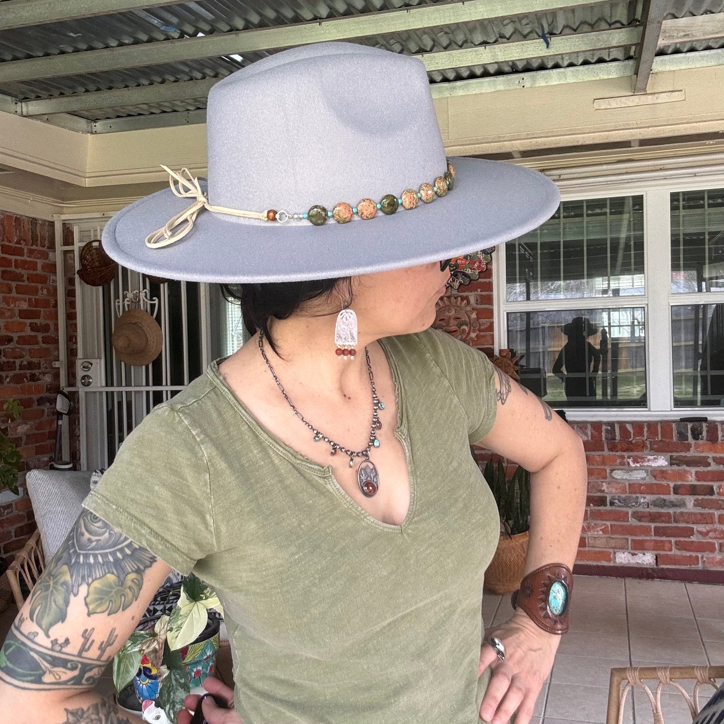 Unakite Hatband, green and pink Gemstone Hat Band