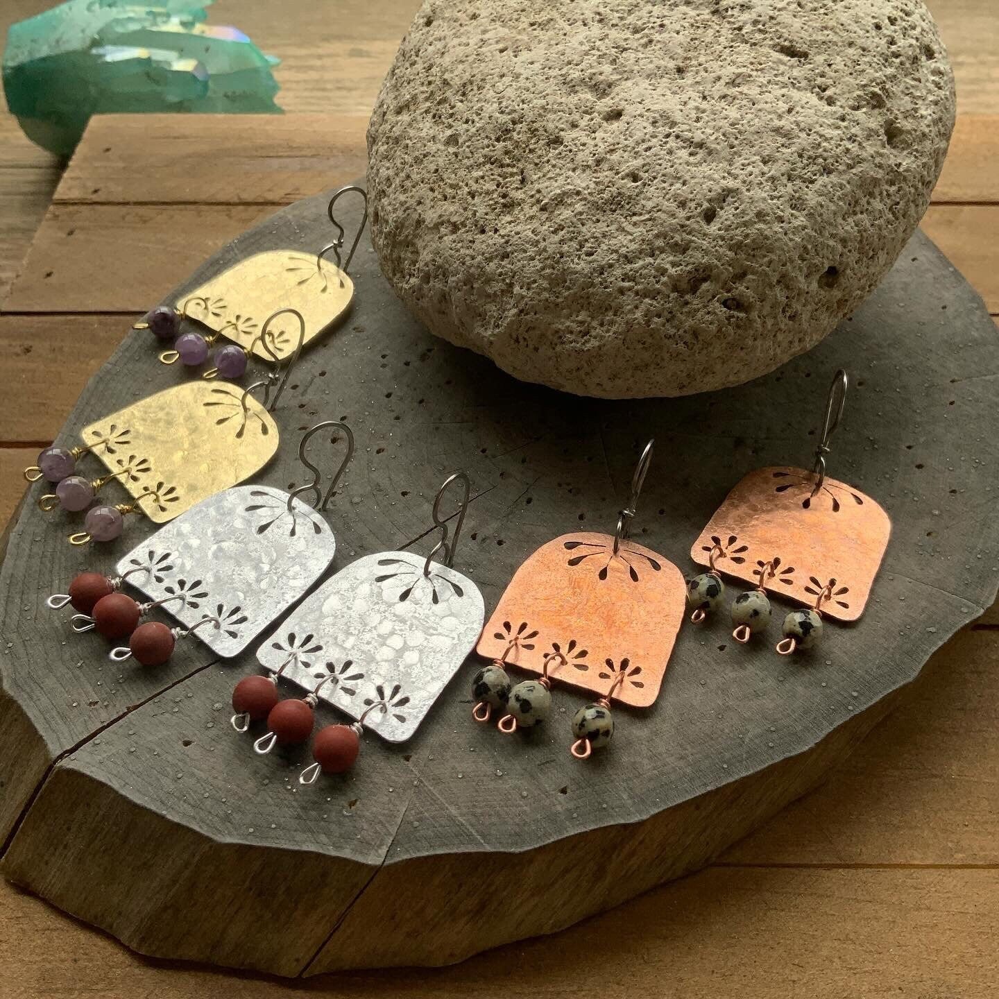 Floral Brass Chandelier Earrings: Hammered Gemstone Dangles