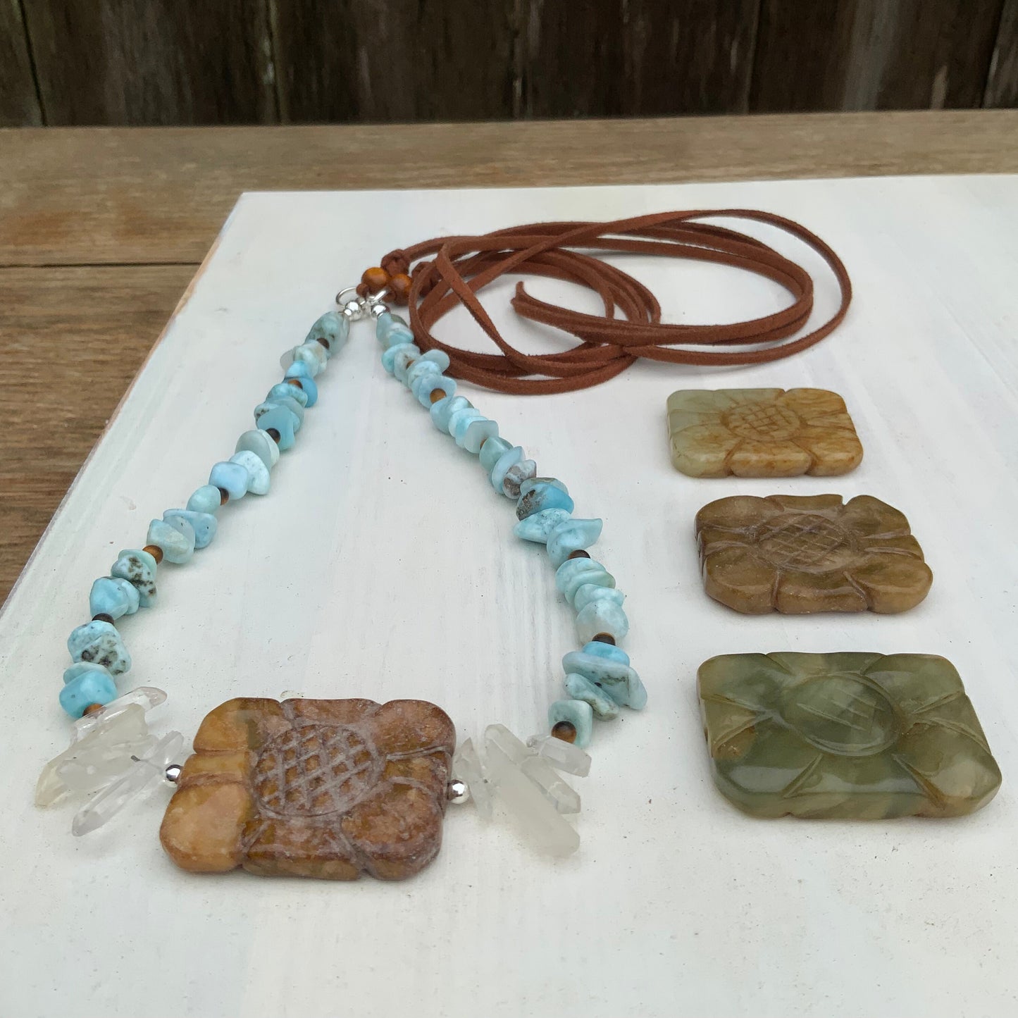 Carved Jade Flower & Larimar Hatband: Rustic Crystal Beaded Band