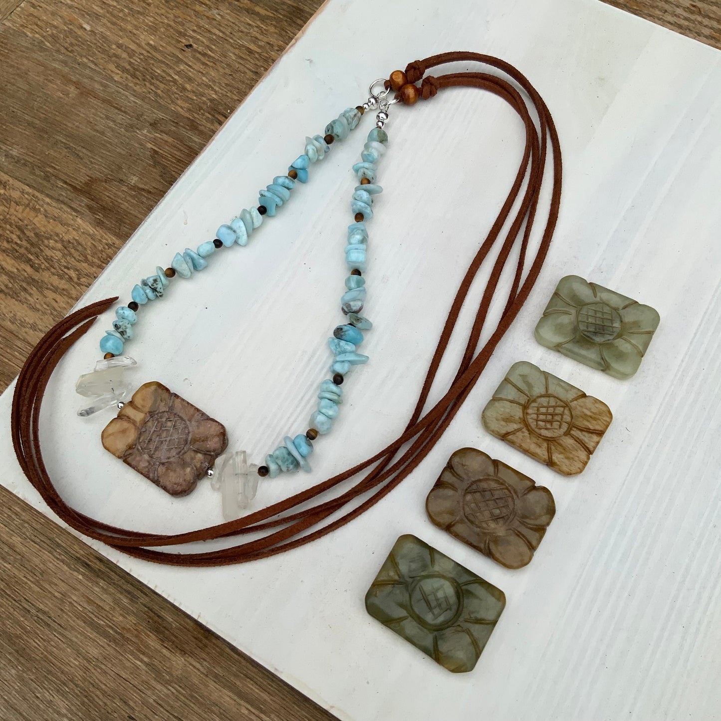 Carved Jade Flower & Larimar Hatband: Rustic Crystal Beaded Band