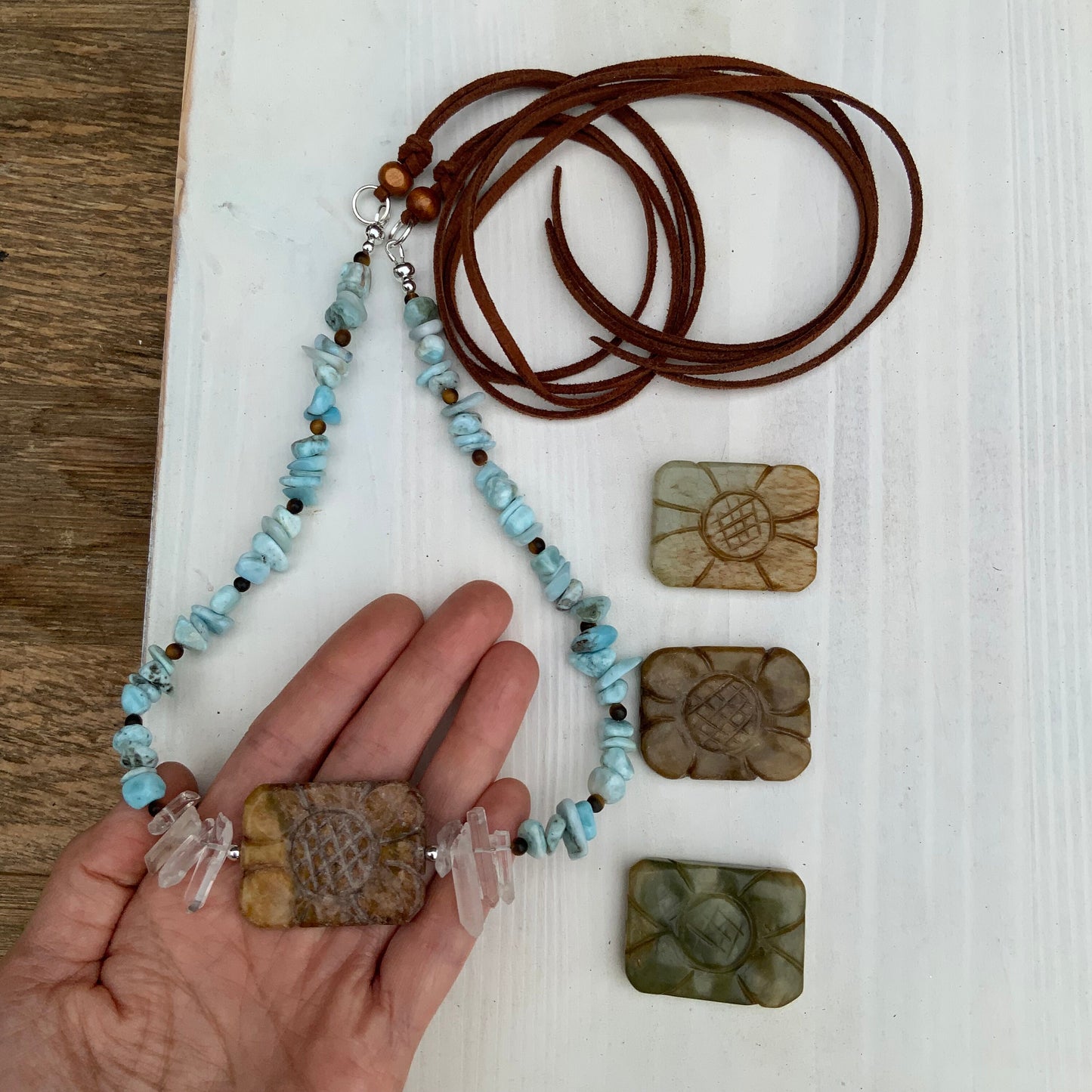 Carved Jade Flower & Larimar Hatband: Rustic Crystal Beaded Band
