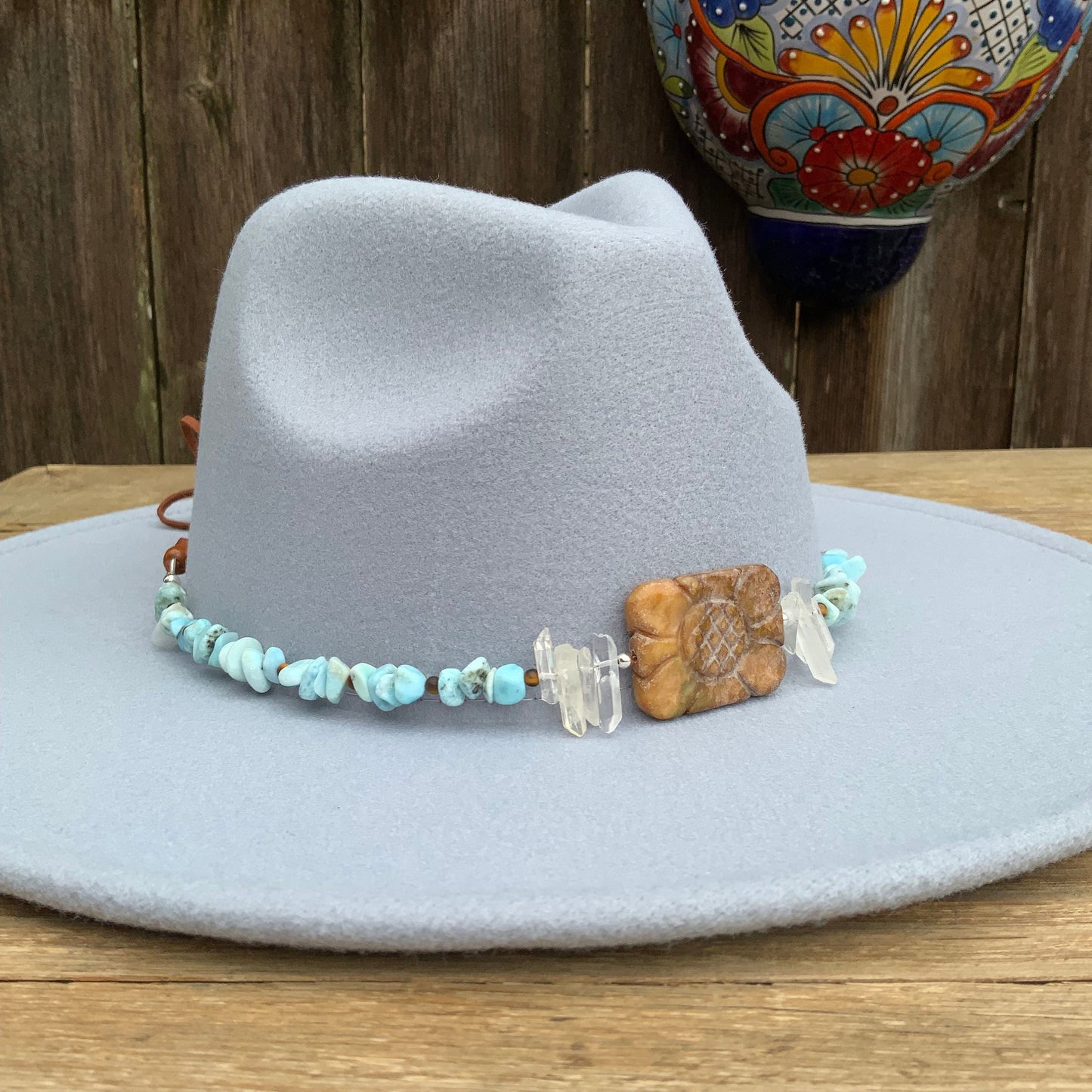 Carved Jade Flower & Larimar Hatband: Rustic Crystal Beaded Band