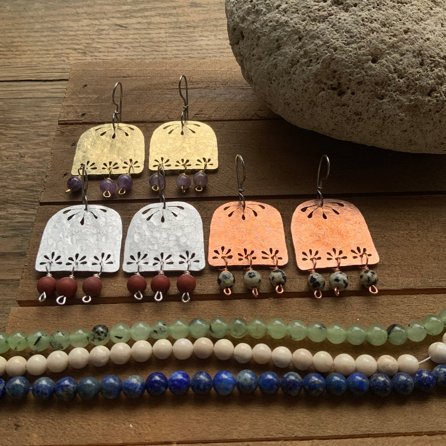 Floral Brass Chandelier Earrings: Hammered Gemstone Dangles