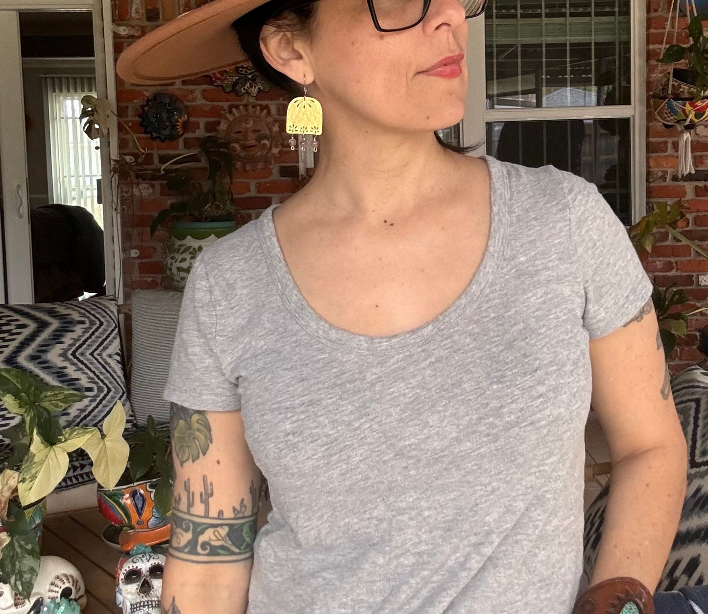 Floral Brass Chandelier Earrings: Hammered Gemstone Dangles