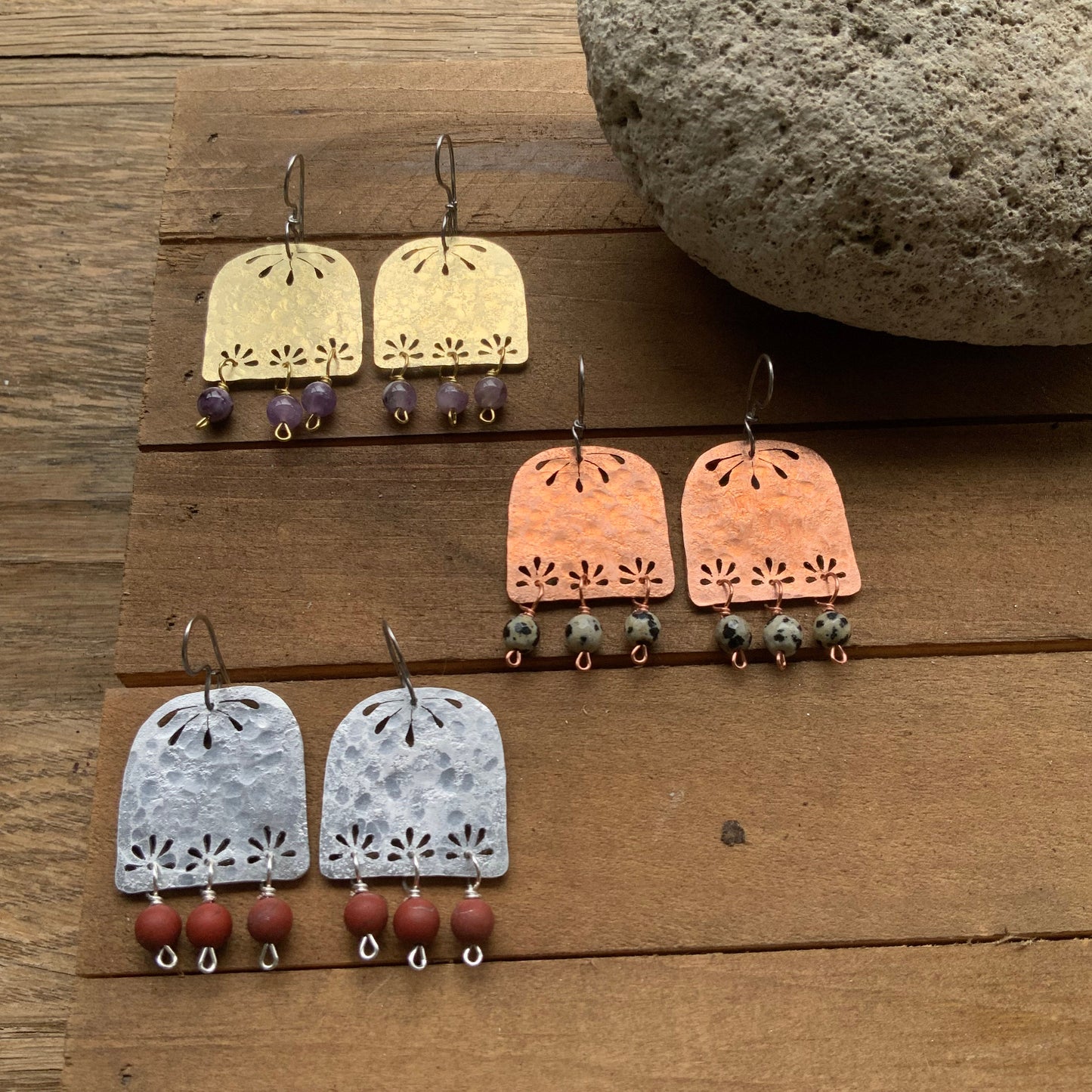 Floral Brass Chandelier Earrings: Hammered Gemstone Dangles