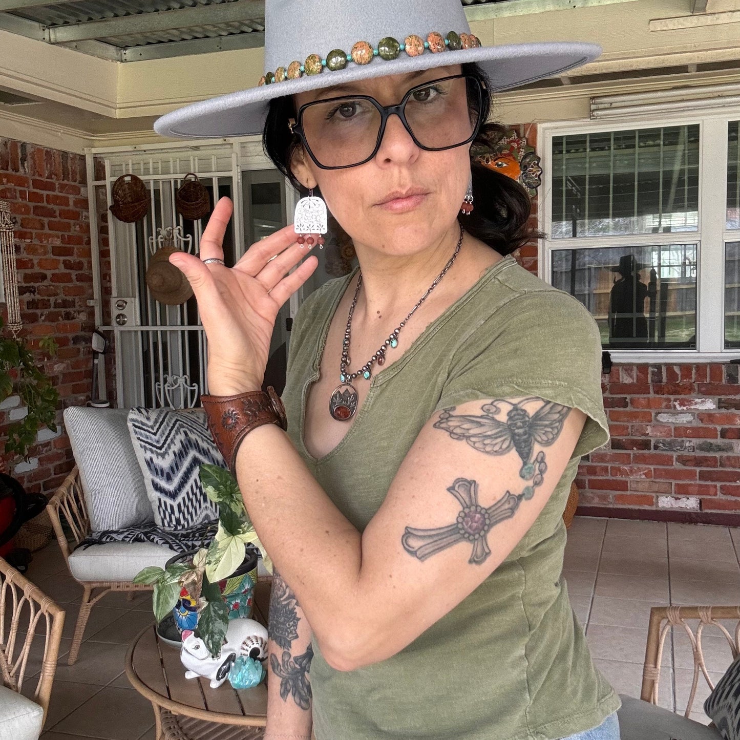 Floral Brass Chandelier Earrings: Hammered Gemstone Dangles