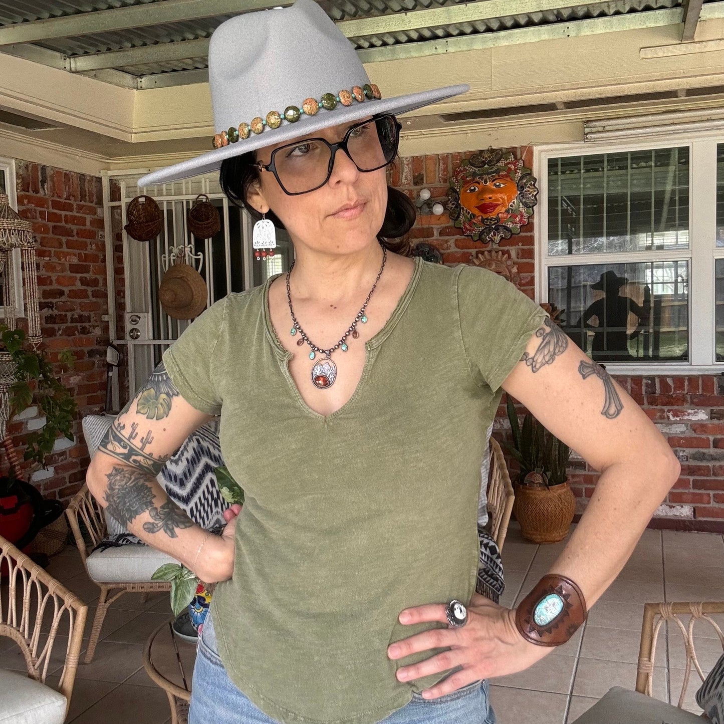 Floral Brass Chandelier Earrings: Hammered Gemstone Dangles