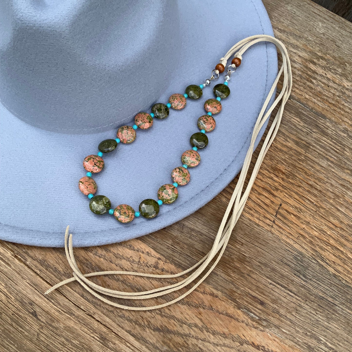 Unakite Hatband, green and pink Gemstone Hat Band
