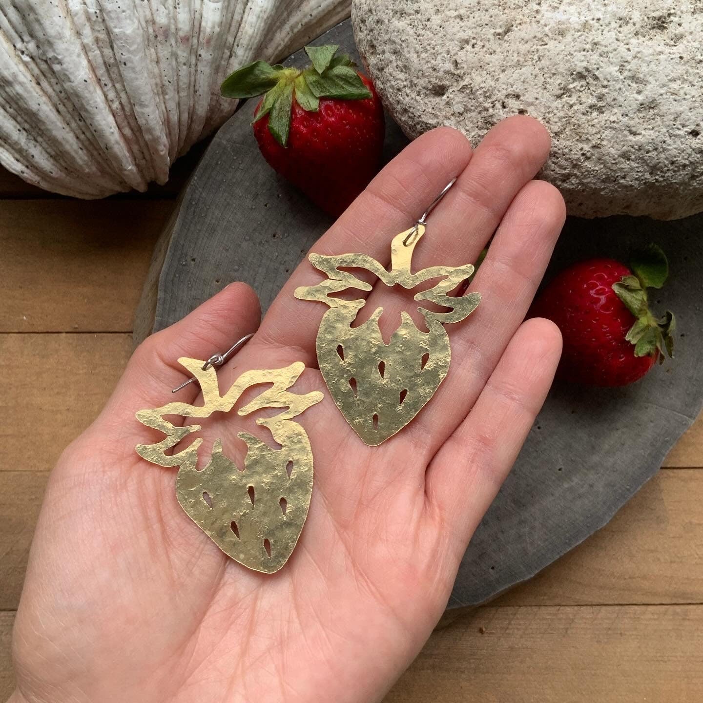 Hammered Brass Strawberry Earrings: Fresh Folksy Style