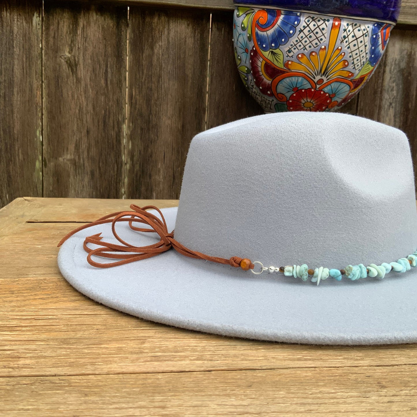Carved Jade Flower & Larimar Hatband: Rustic Crystal Beaded Band